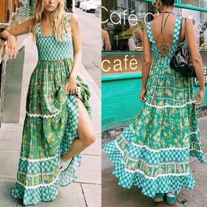 NEW Green Boho Checkered Floral Smocked Lace Up Back Maxi Dress